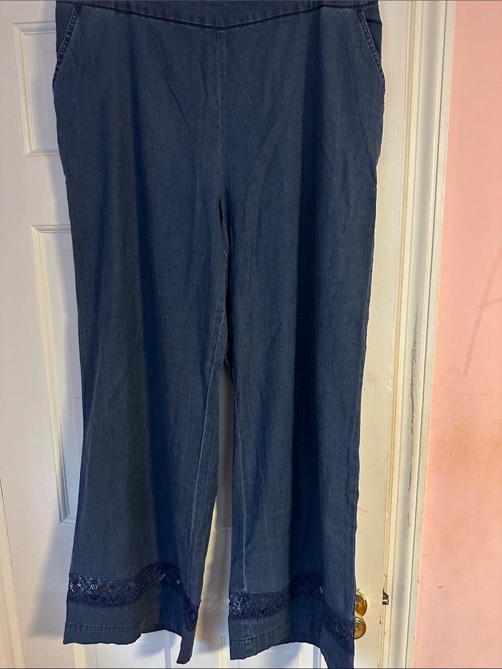 Isaac Mizrahi Dark Blue Wide-Leg Jeans with Lace Hem
